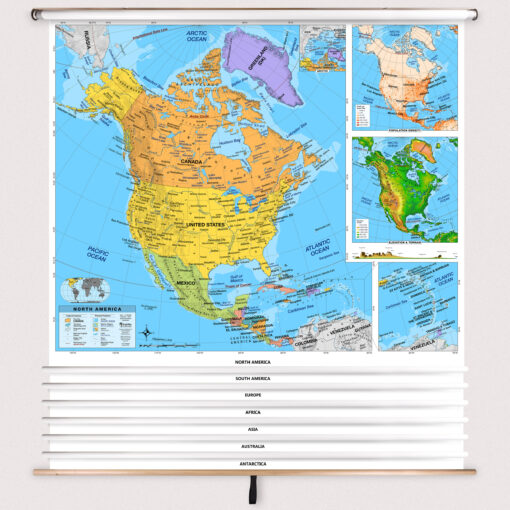 7 Continent Intermediate Classroom Pull Down Map Set w/ Backboard by BrightWay Educational - Image 2