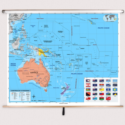 Australia & Oceania Intermediate Classroom Pull Down Map w/ Backboard by BrightWay Educational