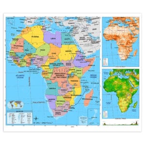 Detailed political map of Africa showing country borders, major cities, and geographic features, ideal for travel, education, or geographic reference. The map includes inset maps of population density, elevation, and terrain for comprehensive geographic understanding.