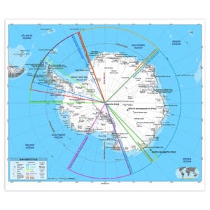 Detailed Map of Antarctica with political boundaries and geographic features, highlighting the South Pole, research stations, and territorial claims for educational and travel planning purposes.