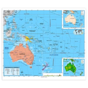 Detailed political and physical map of Australia and Oceania, featuring country borders, major cities, regional highlights, topography, and terrain elevation; ideal for travel planning and geographic reference.