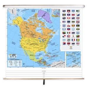 Detailed map of North America showing countries, cities, and geographical features, designed for educational and travel planning purposes, including flags and inset maps.