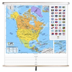 Detailed political map of North America highlighting countries, capitals, and geographical features with flags of territories and regions, suitable for educational and navigation purposes.