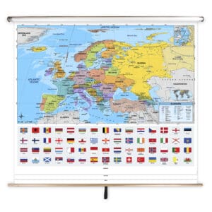 A detailed world map highlighting European countries with flags, geographical features, and country names; ideal for navigation, geography education, and travel planning.