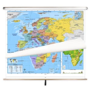 Political world map on a pull-down roller chart showcasing countries and continents for educational and geographical reference.