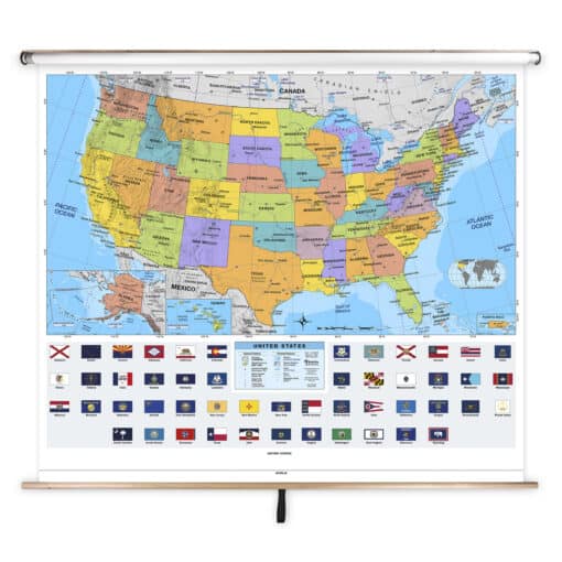 Detailed political map of the United States showing states in different colors, with flag icons and geographical features, ideal for educational, navigational, and travel purposes.