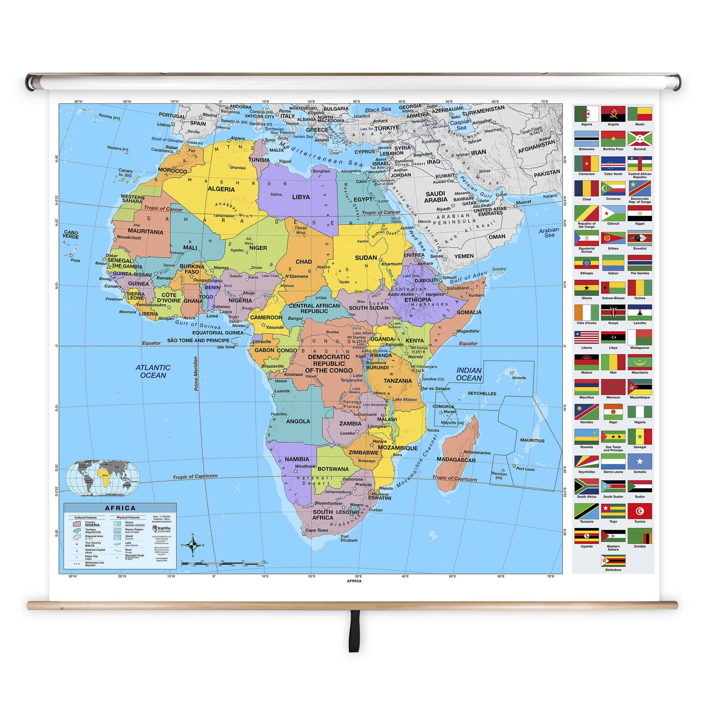 Africa political map with country names and flags, suitable for educational purposes and traveling references.