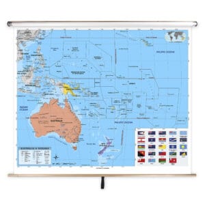 Detailed world map showcasing Australia, Oceania, and the Pacific region with country labels, geographical features, and flags, ideal for travel planning, educational purposes, or geolocation reference.
