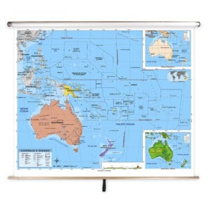Detailed world and Australia map with political boundaries, key cities, and geographic features, ideal for educational and navigation purposes.