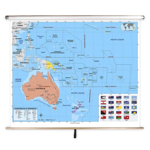 Detailed world map showing Pacific region, Australia, and Oceania, featuring country boundaries, major cities, islands, and geographic features, ideal for geographic education and travel planning.