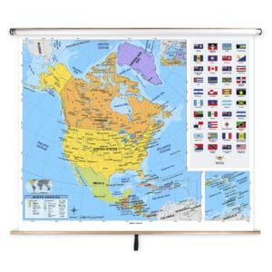 Map of North America with country labels and flags from The Map Shop, highlighting detailed geographic and political information for educational and travel planning purposes.
