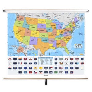 Detailed and colorful U.S. states map on a pull-down projection screen, highlighting state names, capitals, and flags, perfect for geographic education, travel planning, and map enthusiasts.