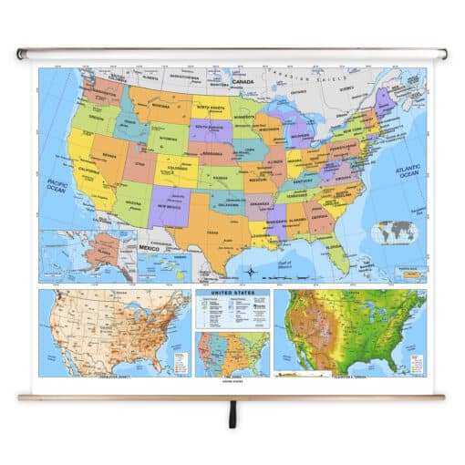 Political map of the United States with states highlighted in various colors, including nearby maps showing population density, time zones, and terrain features, suitable for educational and reference purposes.