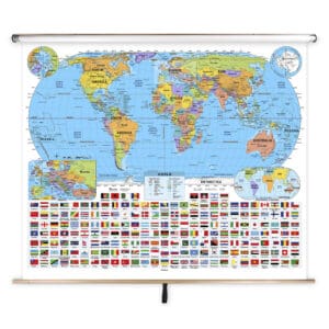 World political map on a retractable roll-up presentation stand, highlighting continents, countries, and flags for educational and geographic reference, ideal for classrooms or offices.