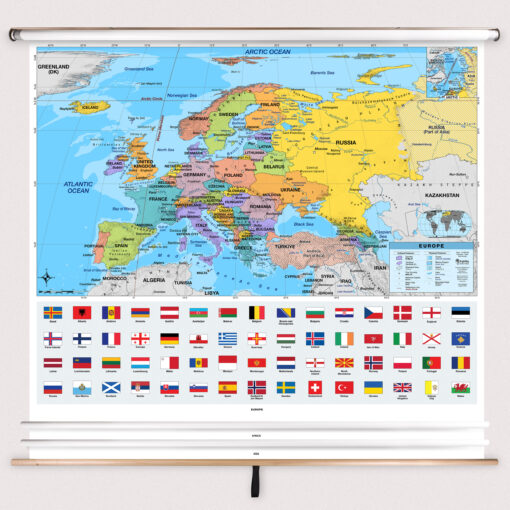 3-Map Eastern Continents Intermediate Classroom Pull Down Map Set w/ Backboard by BrightWay Educational