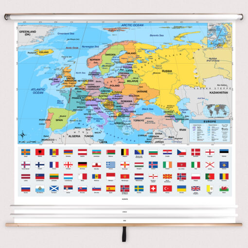 3-Map Eastern Continents Primary Classroom Pull Down Map Set w/ Backboard by BrightWay Educational