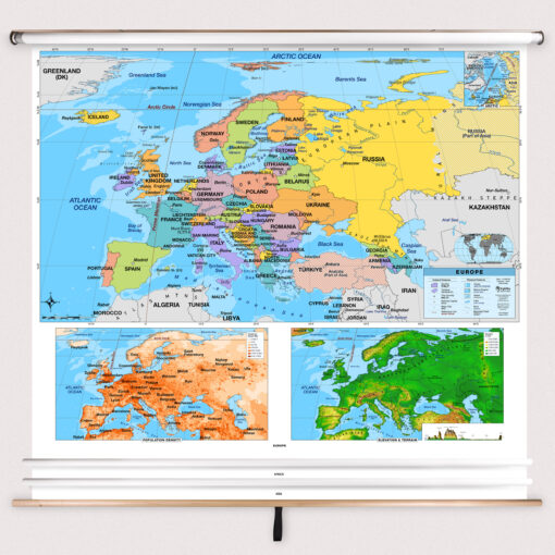 3-Map Eastern Continents Primary Classroom Pull Down Map Set w/ Backboard by BrightWay Educational - Image 2