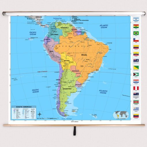 South America Intermediate Classroom Pull Down Map w/ Backboard by BrightWay Educational