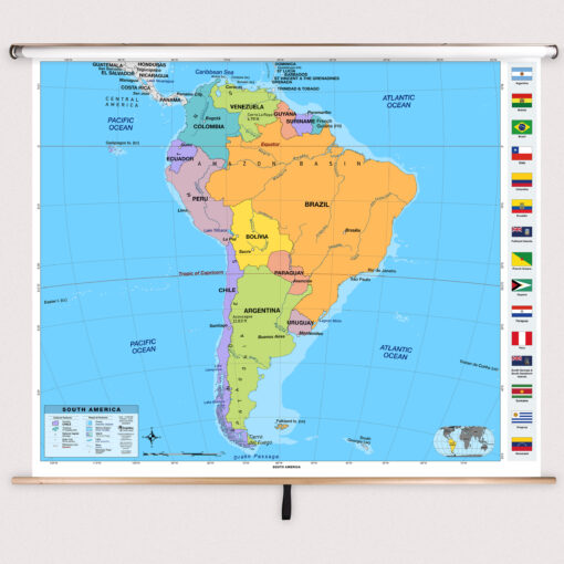 South America Primary Classroom Pull Down Map w/ Backboard by BrightWay Educational