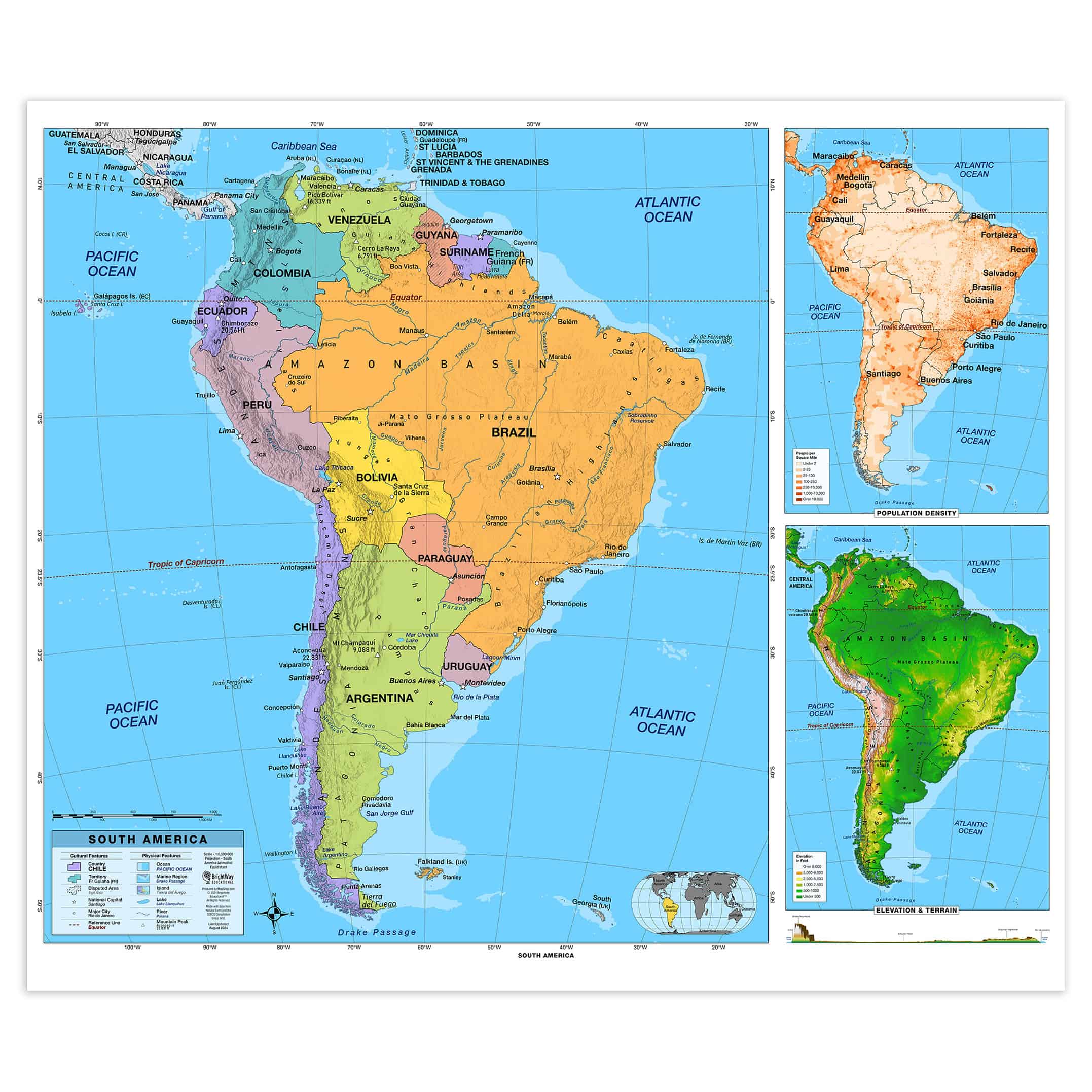 Detailed political map of South America highlighting countries, capitals, and geographical features, with topographical and population density insets, perfect for travel, education, and geographic reference.