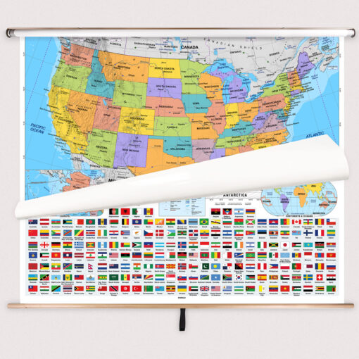 United States & World Intermediate Classroom Pull Down Map Set w/ Backboard by BrightWay Educational