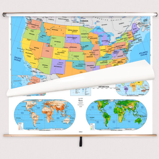 United States & World Primary Classroom Pull Down Map Set w/ Backboard by BrightWay Educational - Image 2