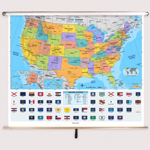 United States Intermediate Classroom Pull Down Map w/ Backboard by BrightWay Educational