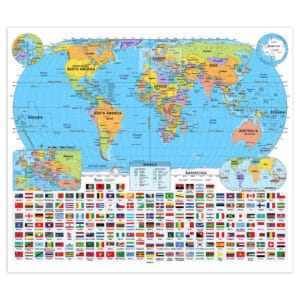 Political world map with countries and continents labeled, featuring memorable flag icons, geographic details, and thematic color-coding for educational and travel planning purposes.