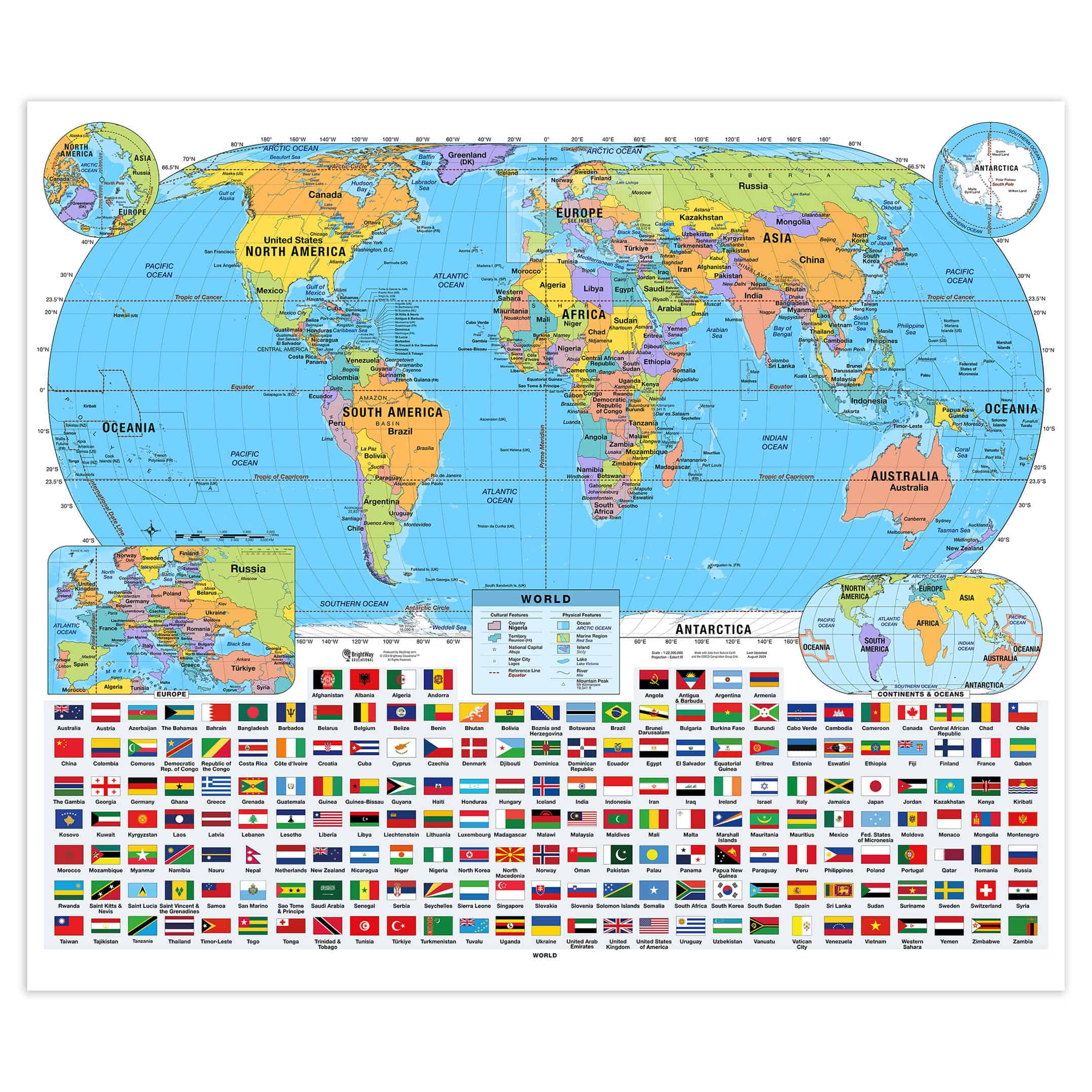 Political world map with countries and continents labeled, featuring memorable flag icons, geographic details, and thematic color-coding for educational and travel planning purposes.