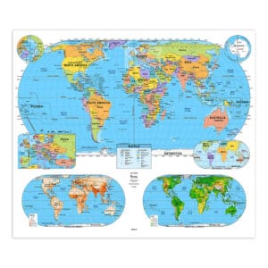 Detailed world map featuring continents, countries, and geographic regions for travel planning, educational purposes, and navigation by The Map Shop.