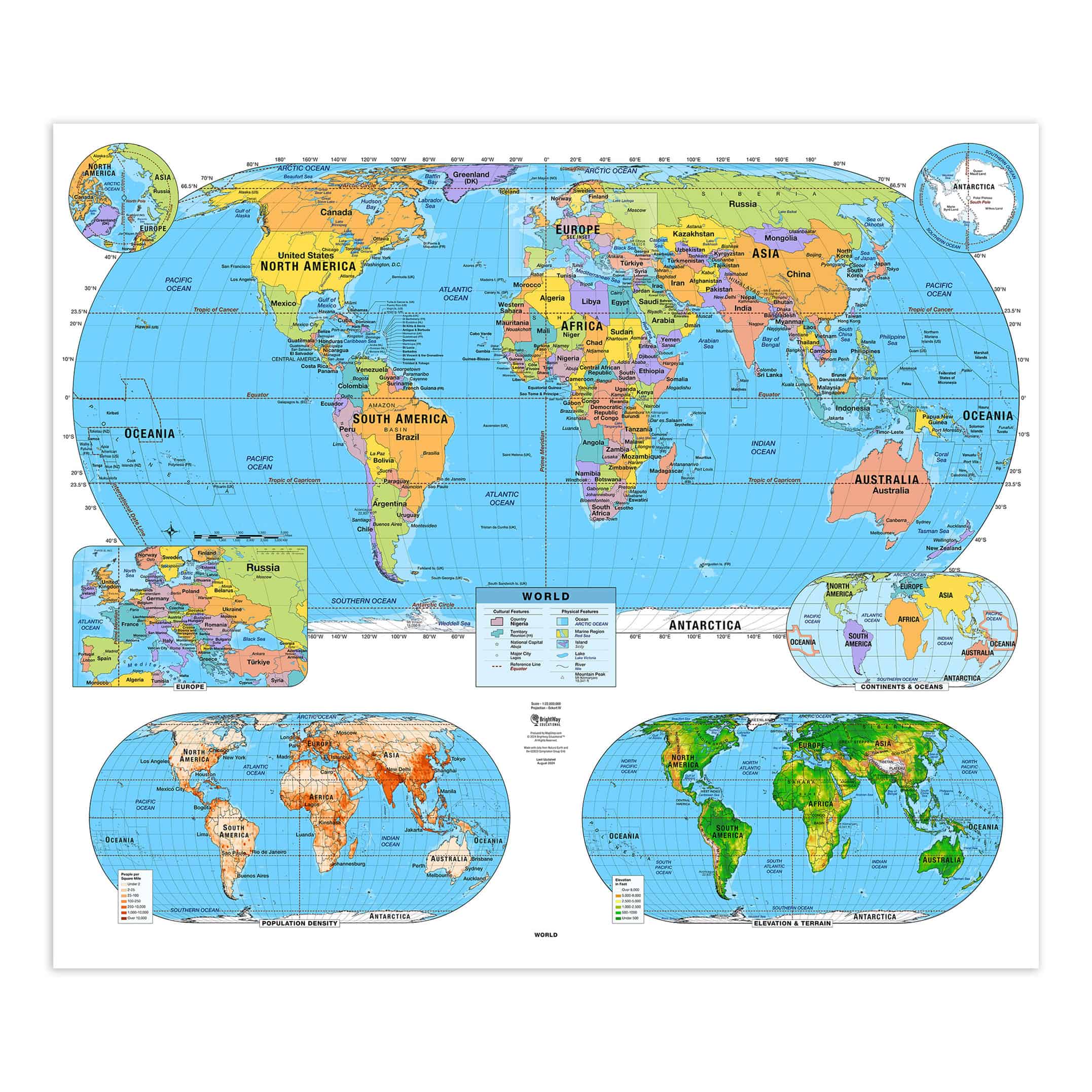 Detailed world map featuring continents, countries, and geographic regions for travel planning, educational purposes, and navigation by The Map Shop.