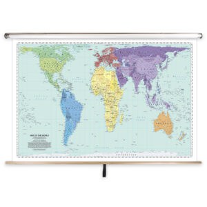 Detailed political world map on a roll-up display showcasing continents, countries, and major cities, ideal for educational purposes, travel planning, and geographic reference.