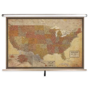 Vintage US map poster, educational wall art detailed information about American states, cities, and geography, perfect for classrooms, offices, or home decor emphasizing map shop and cartography products.