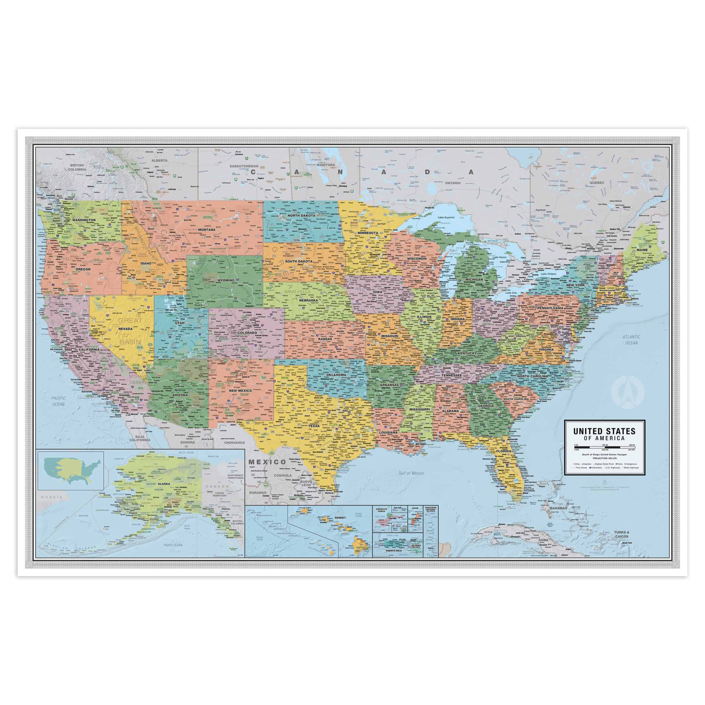 Colorful detailed United States physical and political map with state names, major cities, and geographic features, ideal for travel, education, and navigation purposes.