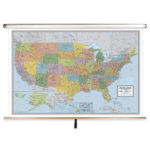 Detailed colorful US map on a wall chart for geography education and travel planning - The Map Shop.