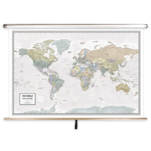 Detailed world map on a classroom chart for geographic education and reference, showcasing countries, continents, and major cities with modern design, ideal for schools and offices.