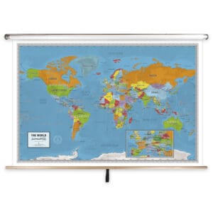 Detailed world map with colorful country labels, political boundaries, and geographic features, perfect for educational purposes and travel planning from The Map Shop.