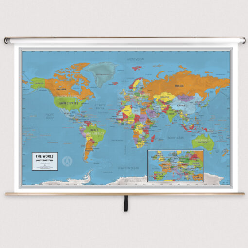 World Scholar Classroom Pull Down Map w/ Backboard by South of Kings