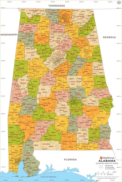 Alabama Zip Codes with Counties Wall Map by MapSherpa