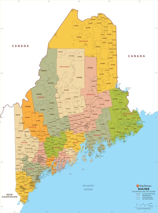 Maine Zip Codes with Counties Wall Map by MapSherpa