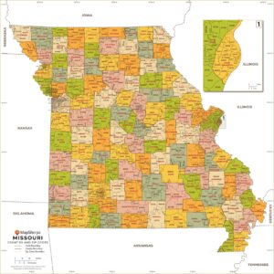 Missouri Zip Codes with Counties Wall Map by MapSherpa