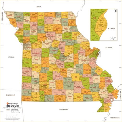 Missouri Zip Codes with Counties Wall Map by MapSherpa