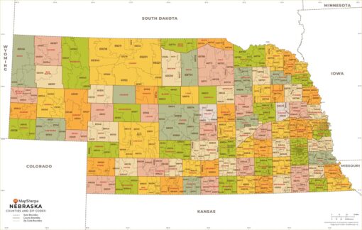 Nebraska Zip Codes with Counties Wall Map by MapSherpa