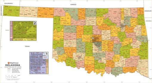 Oklahoma Zip Codes with Counties Wall Map by MapSherpa