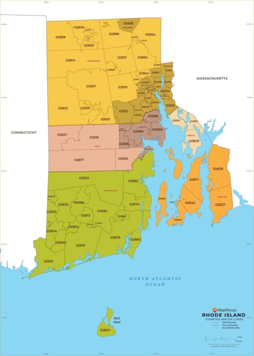 Rhode Island Zip Codes with Counties Wall Map by MapSherpa