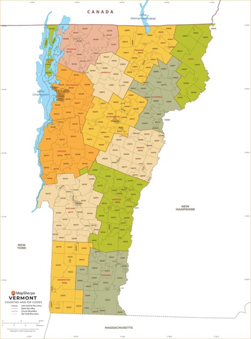 Vermont Zip Codes with Counties Wall Map by MapSherpa