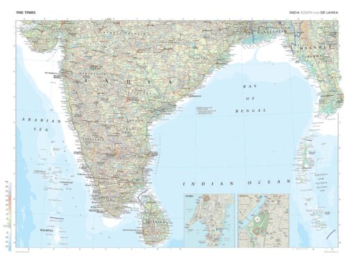 India (South) and Sri Lanka Wall Map by The Times