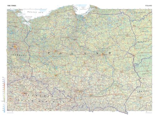 Map of Poland with detailed roads, cities, and geographical features for travel and navigation reference.