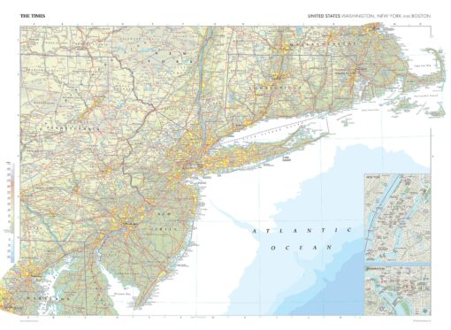 Washington, New York and Boston (United States) Wall Map by The Times