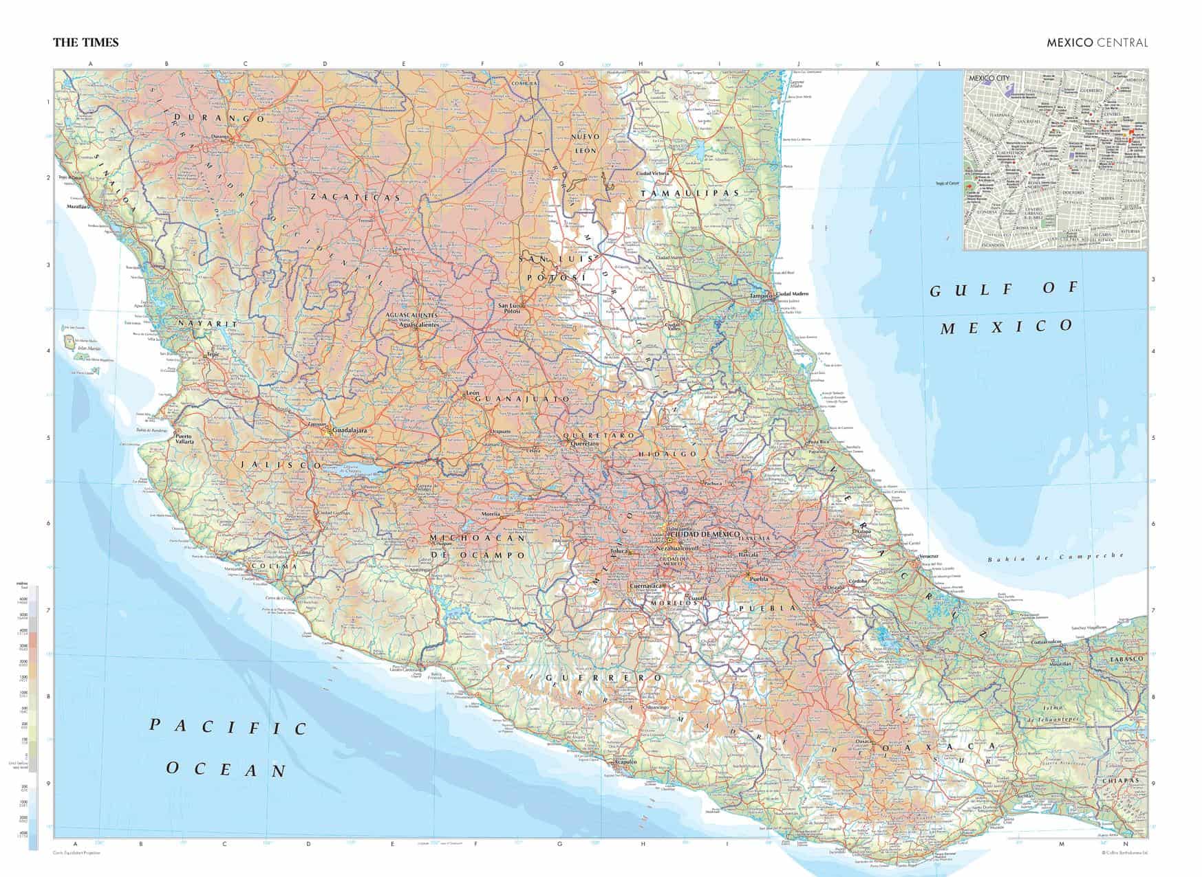Maps of Mexico with detailed geographical features and city labels from The Map Shop.